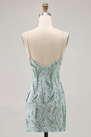 Green Bodycon Spaghetti Straps Beaded Short Ball Dress with Sequins